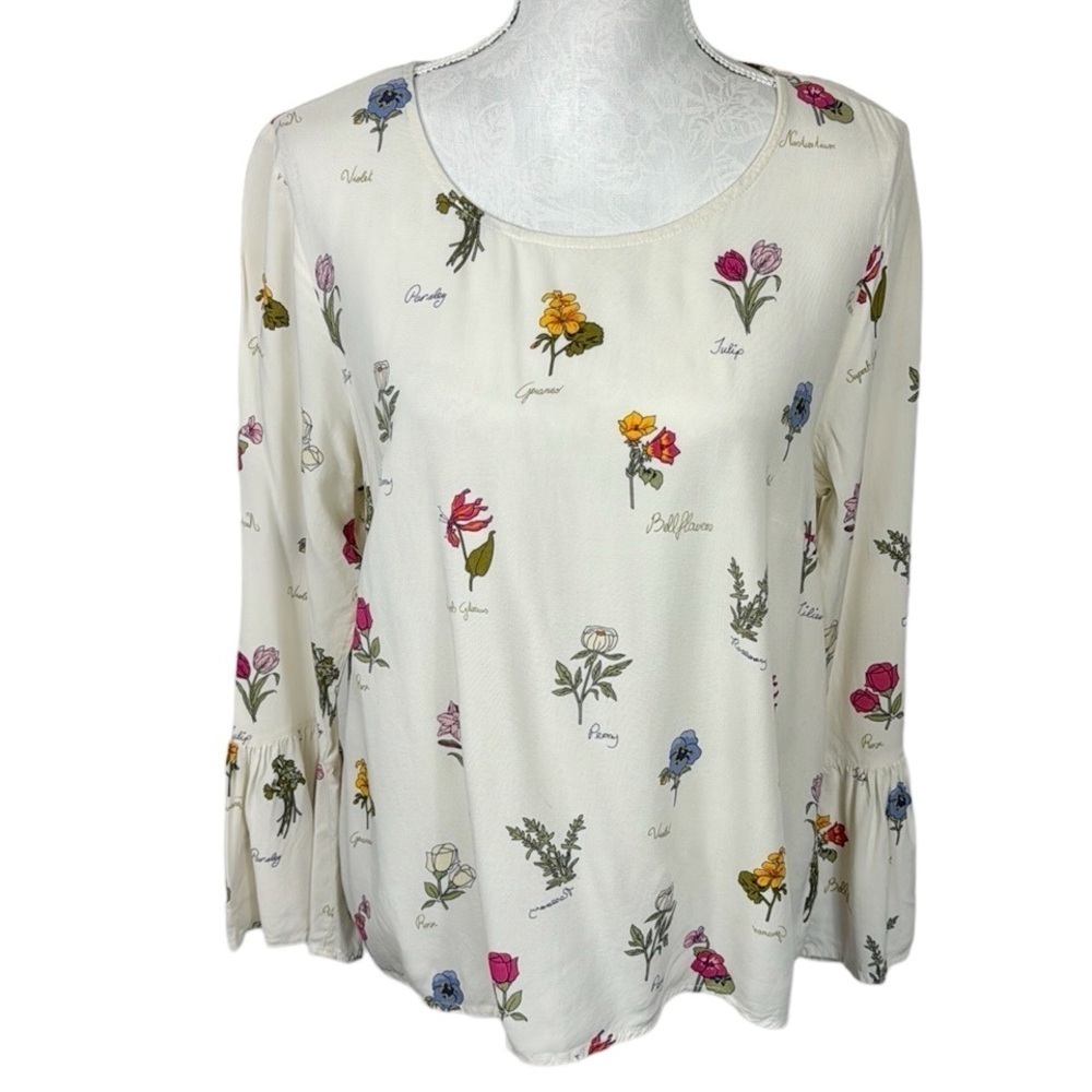 Alexander‎ Jordan Flower Names Blouse Women's L Cream Multi Floral Bell Sleeve